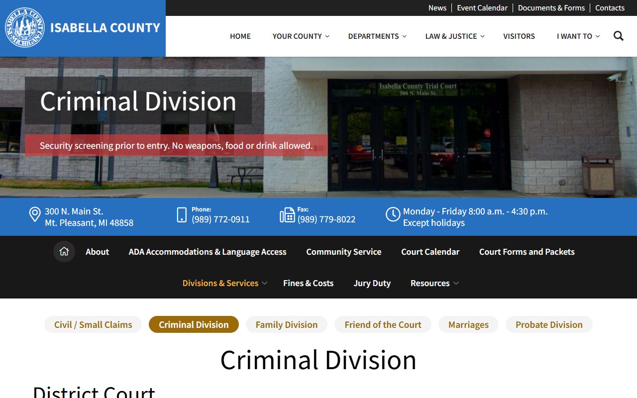 Isabella County criminal division page explaining court records after arrest