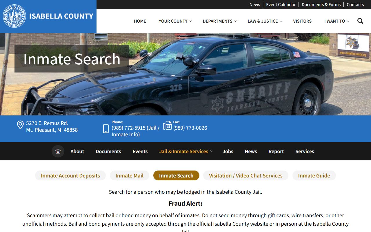 Isabella County Criminal Justice Center inmate lookup page with roster and VINELink